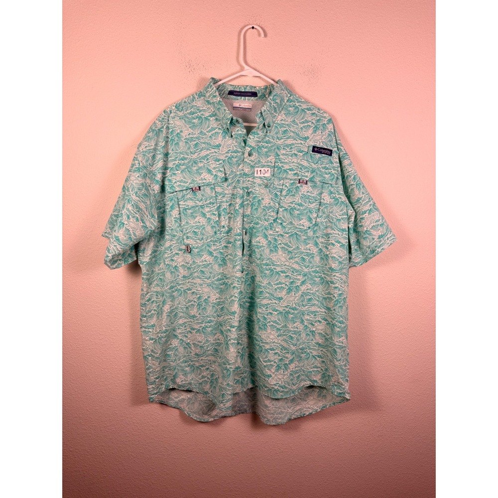 Columbia PFG Super Bahama Mens XL Teal Wave Fish Print Fishing Shirt SS
